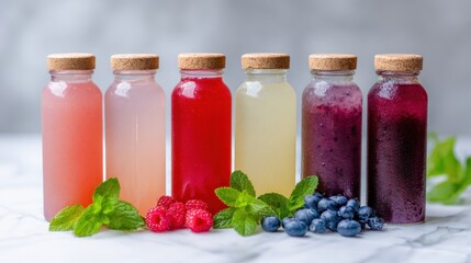Colorful drinks in glass bottles lined up on a marble surface in a kitchen