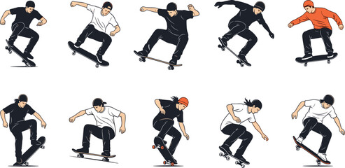 Skateboarder illustration collection, dynamic trick poses and urban street skating movements, action sports artwork for branding, posters, animation, vector design set