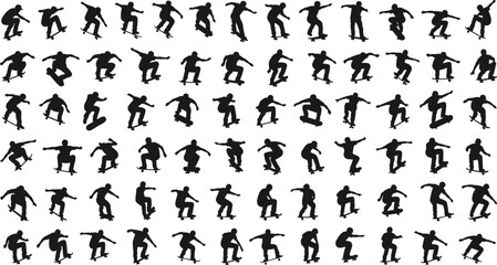 Skateboarder silhouette collection, dynamic skate tricks, extreme sport poses, action movement icons for posters, branding, street style design, vector set