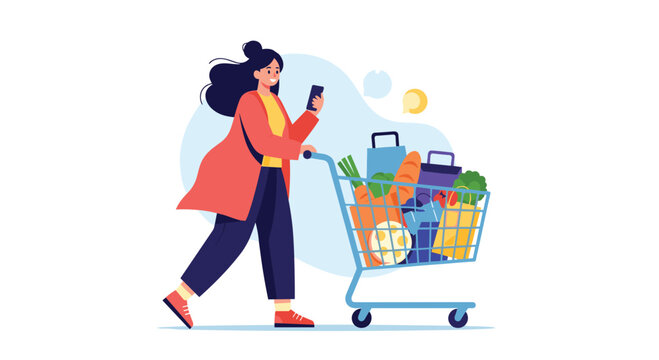 A smiling woman pushes a grocery cart full of fresh food and bags while checking her smartphone, illustrating modern shopping convenience. - Powered by Adobe