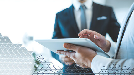 Professional business people collaborating using a tablet device for modern data analysis in a bright corporate setting