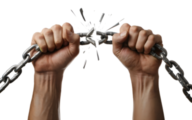 Men's hands breaking chains or shackles isolated on transparent PNG background. Concepts of Freedom or Separation Human Rights Day,