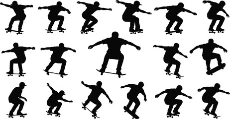 Skateboarder silhouette collection, dynamic trick poses in mid-air, extreme street skating action for sports design, urban motion graphics, vector set