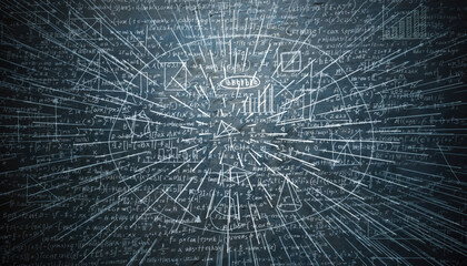 Dense maze of math formula and chalk chaos exploding outward on dark slate wall. An abstract background representing overwhelming complexity of modern science and technology