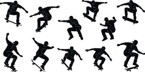 Skateboarder silhouette collection, extreme trick and jump poses, dynamic street skating action for sports design, urban movement, freestyle vector illustration set