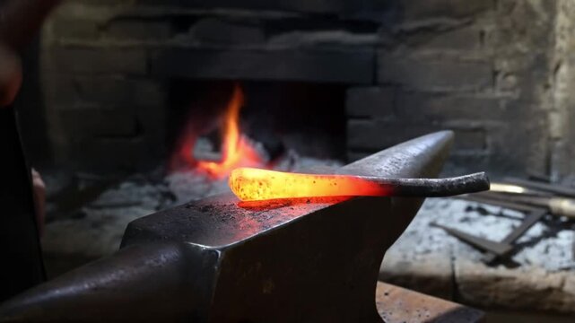 A blacksmith forges metal, sparks flying as the heated iron is hammered Stock Video