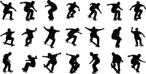 Skateboarder silhouette collection, extreme trick poses and dynamic jump movements, urban street skating action graphics for sports design, freestyle vector set