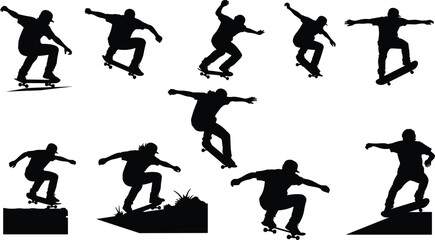 Skateboarder silhouette collection, extreme trick poses and jumping actions on ramps, urban street skating illustrations for sports design, freestyle vector set