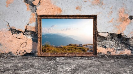 Naklejka premium Mountain view inside a frame on a cracked wall