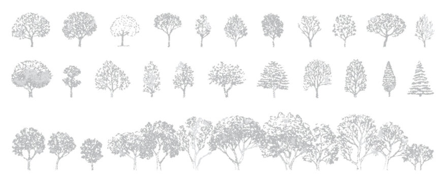 CAD tree line drawing featuring simplified tree outlines, side view perspective, vector elements for architecture and landscape planning