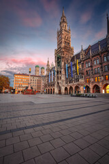 Munich, Germany. Cityscape image of downtown Munich, Germany with Marienplatz at beautiful autumn sunrise.