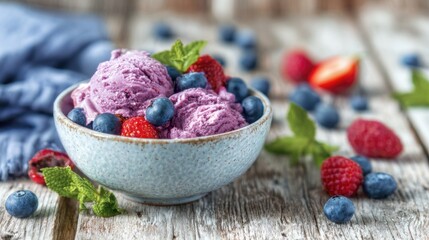 Colorful bowl of ice cream with berries on rustic table setting