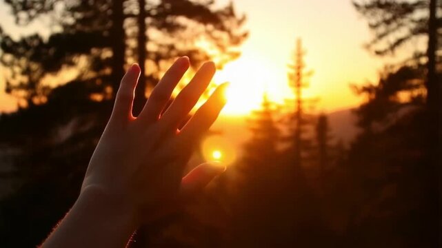 A hand outstretched towards the setting sun. Silhouetted against the bright orange sky, it evokes feelings of warmth, hope, and connection Stock Video