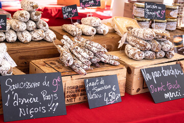 French sausages on a market stall at Cours Saleya, Nice, France