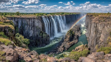 Majestic Waterfall Cascading Over Cliff with Rainbow Under Bright Blue Sky in Natural Landscape
