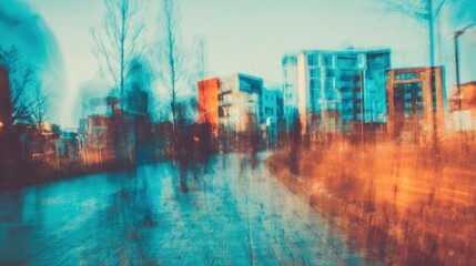People walk on a blurred path near buildings in a city at dusk