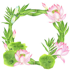 Floral wreath of green bamboo stems and leaves, pink lotus flowers and green leaves. Chinese garden clipart. Hand-drawn watercolor illustration for Asian-themed design, packaging, postcard, invitation
