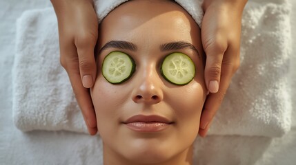 Woman receiving a relaxing facial treatment with cucumber slices on eyes