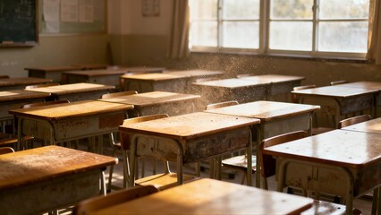 Dust particles illuminated by sunlight drift over rows of old wooden desks and chairs in a vacant, rural classroom.