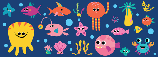 Cute ocean fish underwater world animal collection. Childish funny aquarium characters saline colorful graphic for education, books. Aquatic sea kid design set.