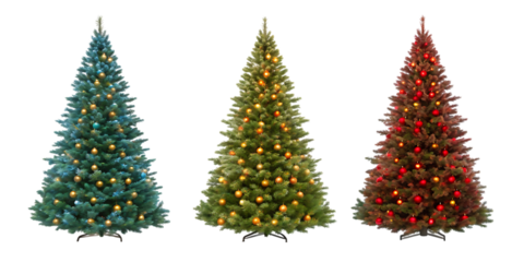 Festive Trio: Three vibrant, decorated evergreen trees stand in unison, each adorned with twinkling lights and ornaments, ready to spread holiday cheer.
