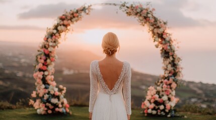 Sunset wedding ceremony with floral arch and bride in a white dress