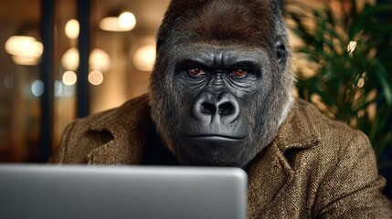 Gorilla in a stylish brown coat, seated at a desk, focused on a laptop, showcasing a unique blend of nature and technology in a modern workspace environment