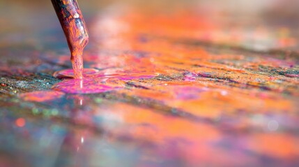 Colorful paints flowing on wooden surface during creative session