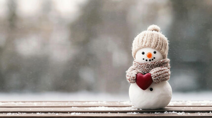 Snowman wearing knitted hat and scarf holding red heart on wooden table with snow and blurred winter background creates joyful christmas mood