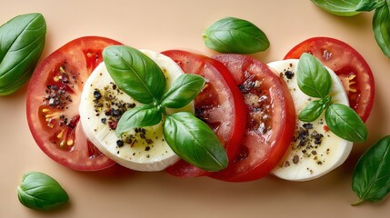 Fresh tomato and mozzarella salad layered with basil leaves, sprinkled with black pepper and olive oil, showcasing vibrant colors and textures for a healthy meal concept
