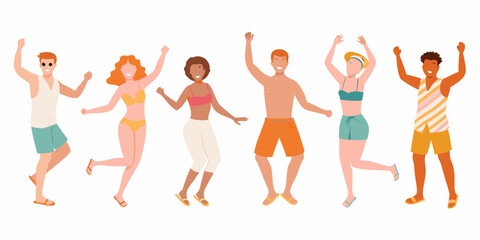 Group of diverse people joyfully celebrating and dancing together in summer attire