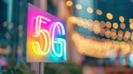 Bright neon 5G sign stands out against a blurred background at night