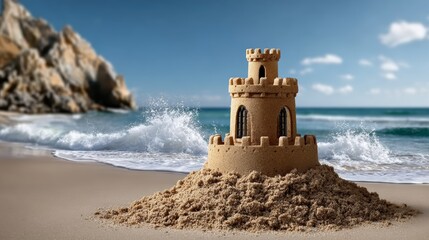 Sandcastle built on beach with ocean waves crashing nearby, surrounded by rocky cliffs, showcasing summer fun and creativity in a vibrant coastal environment