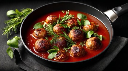 Delicious meatballs simmering in rich tomato sauce, garnished with fresh herbs, presented in a black frying pan on a dark wooden surface, showcasing culinary artistry and vibrant colors