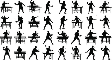 Table tennis silhouette collection, dynamic ping pong player poses with tables, competitive sport movements for coaching, training, action design, vector set