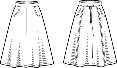 A-line skirt fashion flat sketch featuring front pockets, drawstring waistband variation, panel details, and clean technical illustration showing front and back apparel views.A-line skirt 