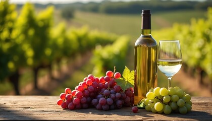 Obraz premium White wine bottle and glass sit on a wooden table with red and green grapes. Blurred vineyard rows stretch into the background under sunlight. Represents refreshment and natural beauty.