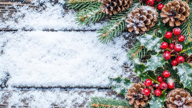 Christmas tree branch background with winter holiday decoration, pine cones, and snow