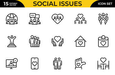 Social Issues Icon Set. Thought-provoking and impactful icons designed to raise awareness and promote engagement. Thin outline icons pack. Vector illustration
