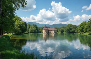 Obraz premium Building stands in middle of calm lake surrounded by green trees, distant mountains. Bright blue sky with fluffy white clouds reflected on water surface. Peaceful nature scene shows architectural