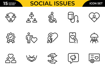 Social Issues Icon Set. Thought-provoking and impactful icons designed to raise awareness and promote engagement. Thin outline icons pack. Vector illustration