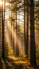 Fototapeta premium Sunlight filtering through trees in a serene forest landscape 