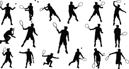 Tennis player silhouette collection, dynamic action poses with racket and ball, competitive sport illustrations for training, fitness, coaching, vector design set