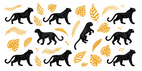 Black panthers and tropical leaves in a repeating pattern on white background