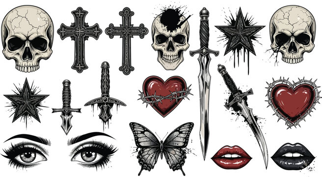 Edgy gothic elements featuring skulls, crosses, swords, hearts, and butterflies
