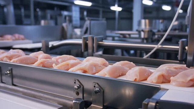 Close-up shot of raw chicken fillets being processed on a conveyor belt in a factory. The scene captures the industrial process of food preparation Stock Video