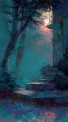 Mysterious Forest Ruins Illuminated by Soft Sunset Light