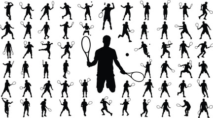 Tennis player silhouette collection, dynamic racket sport poses, athlete action movements, training and match icons for posters, branding, vector design set