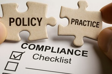 Policy and practice connect for a concept of Compliance in business.