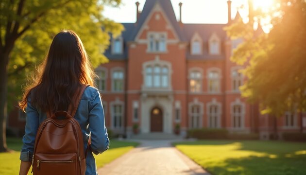 Young woman with backpack walks towards brick university building in sunlight. Female student begins academic journey with hope and ambition. Back view, outdoors, green lawn, trees.